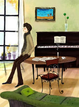 식탁에 기댄 남자