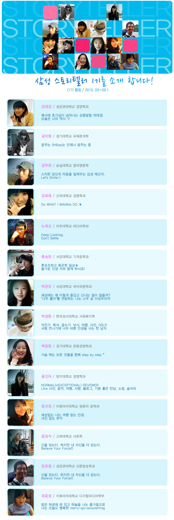 삼성 스토리텔러 1기를 소개 합니다! 강태경 성균관대학교 경영학과, 김미형 경기대학교 국제관계학, 김주원 숭실대학교 영어영문학, 김희래 건국대학교 경영학과, 노희선 아주대학교 미디어학과, 류승완 서강대학교 기계공학과, 박온유 서강대학교 국어국문학과, 박정환 한국성서대학교 사회복지학, 백광림 경기대학교 관광경영학과, 옹진아 명지대학교 경영학과, 윤선정 이화여자대학교 컴퓨터 공학과, 윤창석 고려대학교 사회학, 임호열 성균관대학교 신문방송학과, 최윤정 이화여자대학교 디지털미디어학부