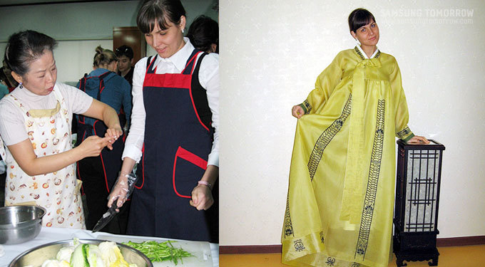 김치만들기를 배우는 올가, 한복입은 올가