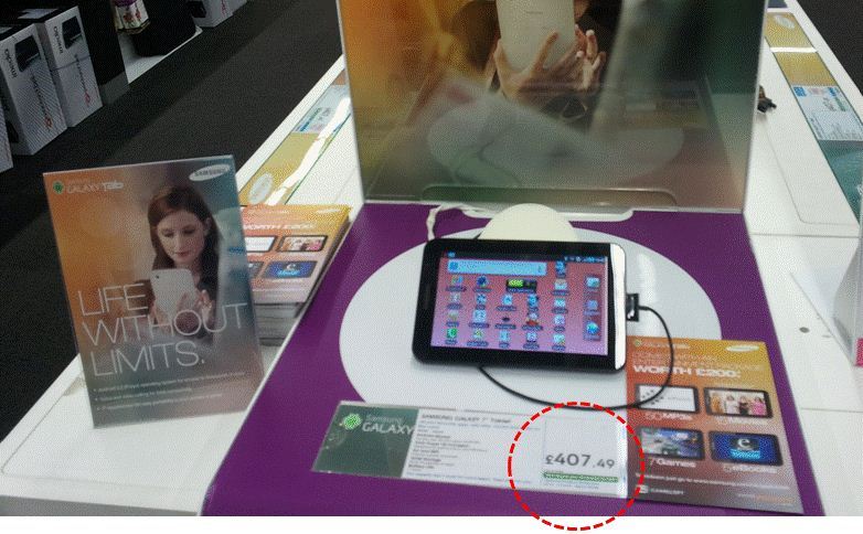 영국매장에서 판매되고 있는 갤럭시탭의 가격