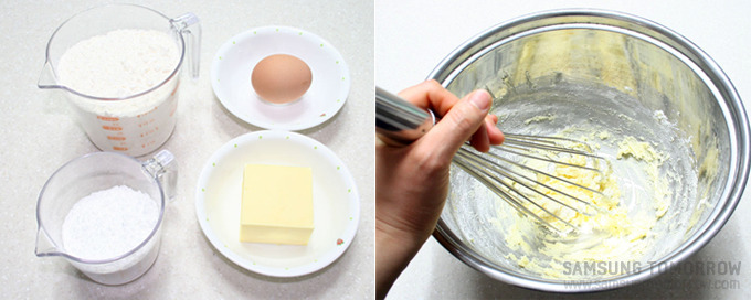 달걀, 버터, 슈가파우더, 밀가루, 볼