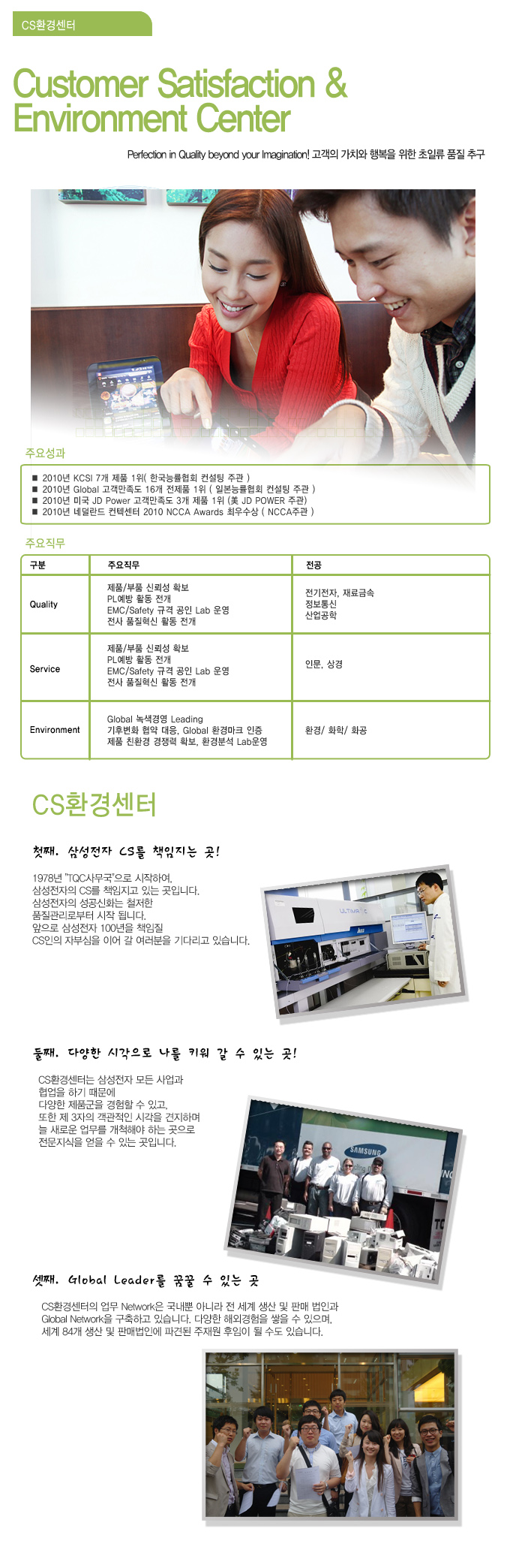 cs환경센터 customer Satisfaction & Environment Center CS환경센터  첫째 삼성전자 CS를 책임지는 곳! 둘째 다양한 시각으로 나를 키워 갈 수 있는 곳! 셋째, 글로벌 리더를 꿈꿀 수 있는 곳
