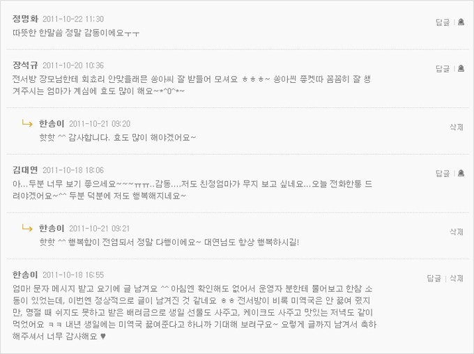 정명화 따뜻한 한말씀 정말 감동이에요ㅜㅜ, 장석규 전서방 장모님하네 회쵸리 안맞을래믄 쏭아씨 잘 받들어 모셔요 ㅎㅎㅎ~ 쏭아씬 좋켓따 꼼꼼히 잘 챙겨주시는 엄마가 계심에 효도 많이 해요~*^0^*~ , 한송이 핫핫^^ 감사합니다. 효도 많이 해야겠어요~ , 김대연 아...두분 너무 보기 좋으세요~~~ㅠㅠ..감동...저도 친정엄마가 무지 보고 싶네요...오늘 전화한통 드려야겠어요~^^ 두분 덕분에 저도 행복해 지네요~, 한공이 핫핫^^ 행복함이 전염되서 정말 다행이에요~ 대연님도 항상 행복하시길! , 한송이 엄마! 문자메시지 받고 요기에 글 남겨요^^ 아침엔 확인해도 없어서 운영자 분한테 물어보고 한참 소동이 있었는데, 이번엔 정상적으로 글이 남겨진 것 같네요 ㅎㅎ 전서방이 비록 미역국은 안끓여 줬지만, 명절 떄 쉬지도 못하고 받은 배려금으로 생일 선물도 사주고, 케이크도 사주고 맛잇는 저녁도 같이 먹었어요 ㅋㅋ 내년 생일에는 미역국 끓여준다고 하니까 기대해 보려구요~ 요렇게 글까지 남겨서 축하해주셔서 너무 감사해요 ♥