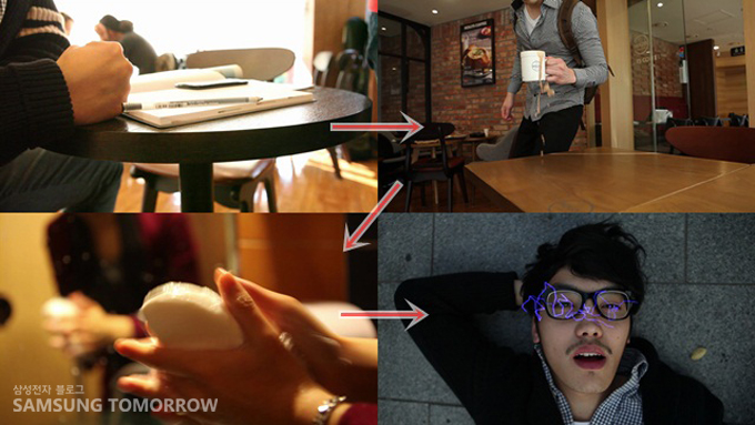 책상위에 공책, 커피를 쏟는 남자, 손을 씻는 남자, 누워있는 남자