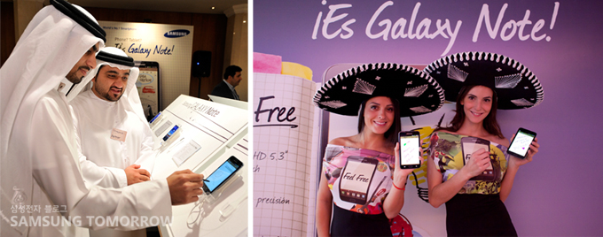 갤럭시노트를 체험하는 외국인들