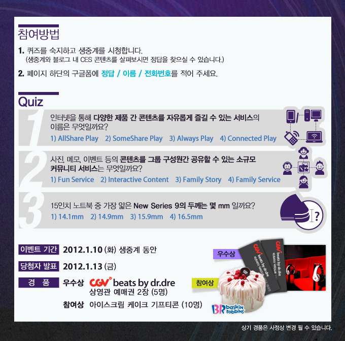 참여방법 1. 퀴즈를 숙지하고 생중계를 시청합니다. (생중계와 블로그 내 CES콘텐츠를 살펴보시면 정답을 찾으실 수 있습니다.) 2.페이지 하단의 구글폼에 정답/이름/전화번호를 적어 주세요. QUIZ 1 인터넷을 통해 다양한 제품 간 콘텐프를 자유롭게 즐길 수 있는 서비스의 이름은 무엇일까요? 1)AllShare P;ay 2)SomeShare Play 3)Always Play 4)Connected Play , 2. 사진, 메모, 이벤트 등의 콘텐츠를 그룹 구성원간 공유할 수 있는 소규모 커뮤니티 서비스는 무엇일까요? 1)Fun Service 2)Interactive Content 3)Family Story 4)Family Service, 3.15인치 노트북 중 가장 얇은 New Series 9의 두께는 몇 mm일까요? 1)14.1mm 2)14.9mm 3)15.9mm 4)16.5mm, 이벤트 기간 2012.1.10(화) 생중계 동안, 당첨자 발표 2012.1.13(금), 경품 우수상 CGV beats by dr.dre 상영관 예매권 2장 (5명) 참여상 아이스크림 케이크 기프티콘 (10명)