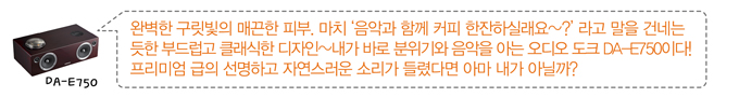 완벽한 구릿빛의 매끈한 피부, 마치'음악과 함께 커피 한잔하실래요?~" 라고 말을 건네는 듯한 부드럽고 클래식한 디자인~ 내가 바로 붕뉘기와 음악을 아는 오디오 도크 DA-E750이다! 프리미엄 급의 선명하고 자연스러운 소리가 들렸다면 아마 내가 아닐까?