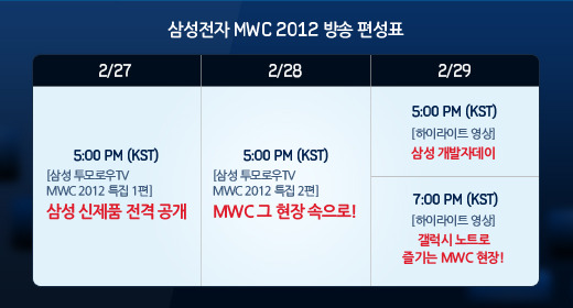 삼성전자 WMC 2012 방송 편성표 2/27 5:00 PM (KST) 삼성투모로우 TV MWC 2012 특집 1편 삼성 신제품 전격 공개, 2/28 5:00 PM (KST) 삼성투모로우 TV MWC2012 특집 2편 MWC 그 현장 속으로!, 2/9 5:00PM 하이라이트 영상 삼성개발자데이 7:00 PM 하이라이트 영상 갤럭시 노트로 즐기는 MWC현장