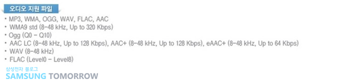 오디오 지원 파일 mp3, wma, ogg, wav, flac, aac, wma9 std (8-48 kHz, Up to 320 Kbps) ogg(Q2-Q10) ,AAC LC, AAC+,eAAC+,WAV,FLAC