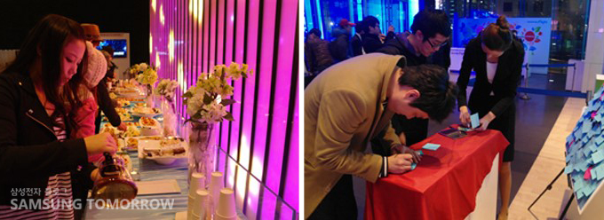 커피를 따르는 여성, 포스트잇에 글을 적는 남성