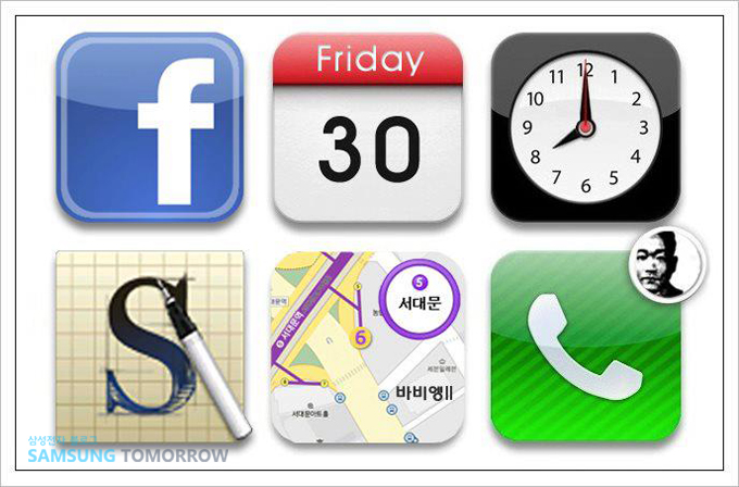 어플 아이콘 페이스북, 캘랜더, 시계, s 메모, 지도, 통화