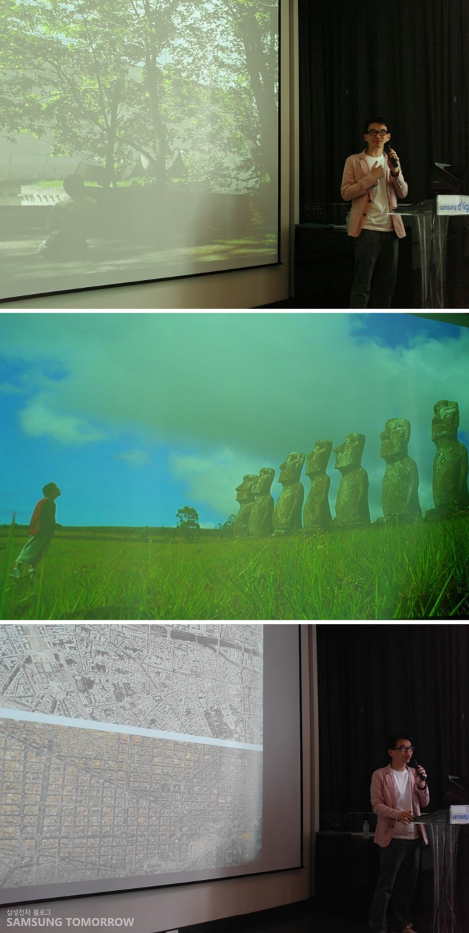 여행작가 및 일러스트레이트 오영욱 건축가가 강연을 하고 있다.