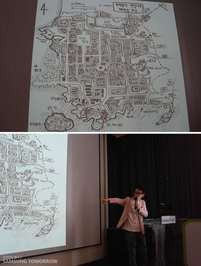 지도, 지도를 가르키는 오영욱 건축가