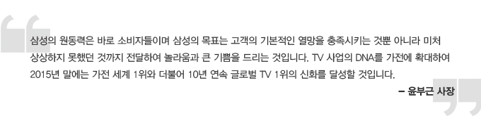 삼성의 원동력은 바로 소비자들이며 삼성의 목표는 고객의 기본적인 열망을 충족시키는 것 뿐 아니라 미처 상상하지 못했던 것까지 전달하여 놀라움과 큰 기쁨을 드리는 것입니다. TV 사업의 DNA를 가전에 확대하여 2015년 말에는 가전 세계 1위와 더불어 10년 연속 글로벌 TV 1위의 신화를 달성할 것입니다. 윤부근 사장