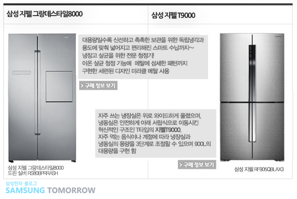 삼성지펠 그랑데스타일8000 대용량일수록 신선하고 촉촉한 보관을 위한 독립냉각과 용도에 맞춰 넓어지고 편리해진 스마트 수납까지~ 냉장고 살균을 위한 전문 청정기! 이온 살균 청정 기능에 메탈에 섬세한 패턴까지 구현한 세련된 디자인 미라클 메탈 사용, 삼성지펠 t9000 자주 쓰는 냉장실은 위로 와이드하게 올렸으며, 냉동실은 안전하게 아래 서랍식으로 이동시킨 혁신적인 구조인 t타입의 지펠 t9000. 자주 먹는 음식이나 계절에 따라 냉장실과 냉동실의 용량을 3단계로 조절할 수 있으며 900l의 대용량을 구현 함