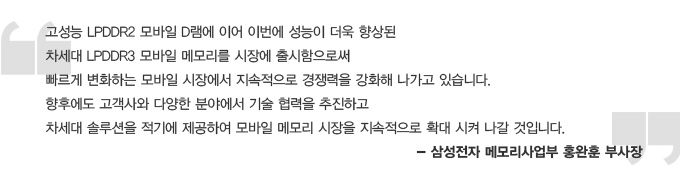 고성능 LPDDR2 모바일 D램에 이어 이번에 성능이 더욱 향상된 차세대 LPDDR3 모바일 메모리를 시장에 출시함으로써 빠르게 변화하는 모바일 시장에서 지속적으로 경쟁력을 강화해 나가고 있습니다. 향후에도 고객사와 다양한 분야에서 기술 협력을 추진하고 차세대 솔루션을 적기에 제공하여 모바일 메모리 시장을 지속적으로 확대 시켜 나갈 것입니다. -삼성전자 메모리사업부 홍완훈 부사장