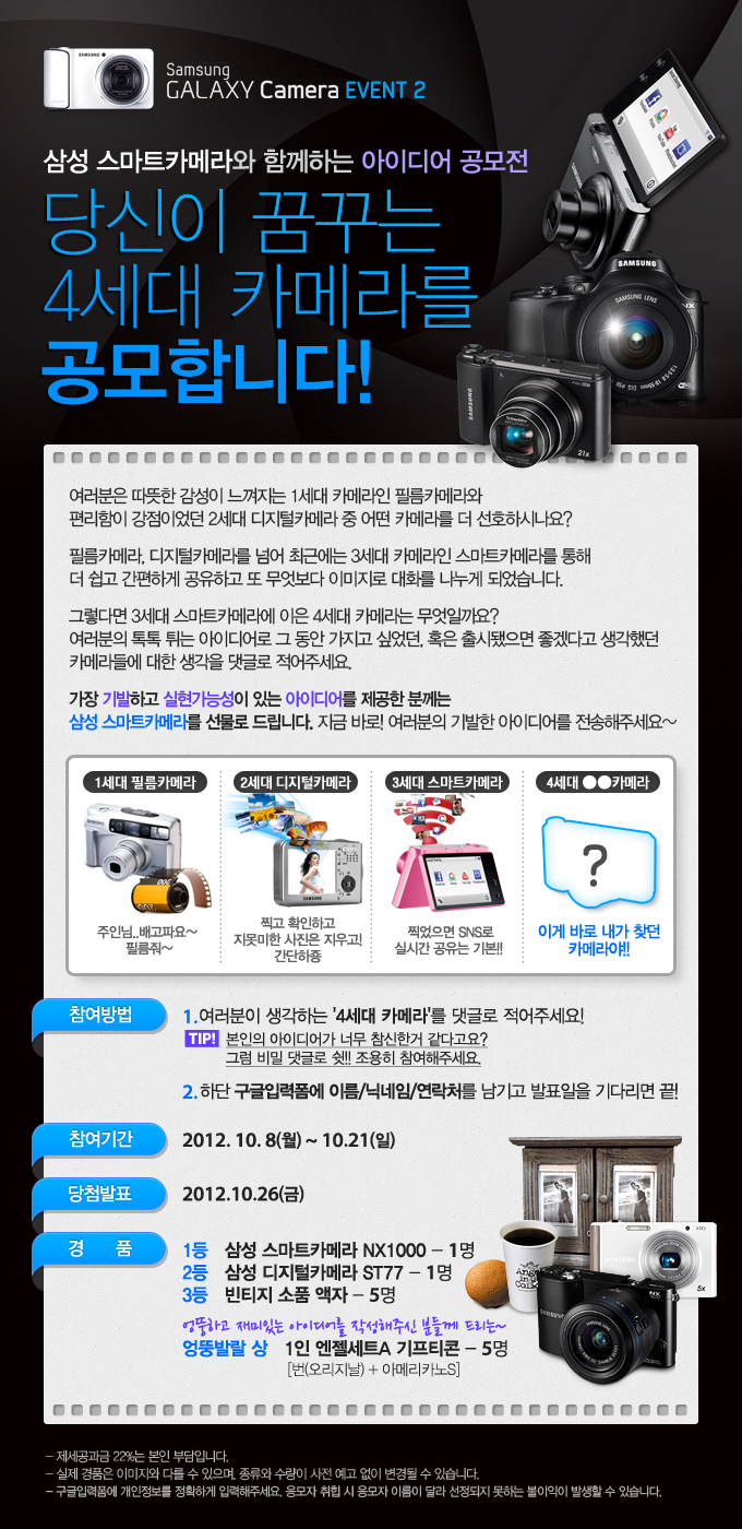 삼성 스마트 카메라와 함꼐하는 아이디어 공모전 당신이 꿈꾸는 4세대 카메라를 공모합니다! 여러분은 따뜻한 감성이 느껴지는 1세대 카메라인 필름카메라와 편리함이 강점이었던 2세대 디지털 카메라 중 어떤 카메라를 더 선호하시나요? 필름카메라, 디지털 카메라를 넘어 최근에는 3세대 카메라인 스마트 카메라를 통해 더 쉽고 간편하게 공유하고 또 무엇보다 이미지로 대화를 나누게 되었습니다. 그렇다면 3세대 스마트카메라에 이은 4세대 카메라는 무엇일까요? 여러분의 톡톡 튀는 아이디어로 그 동안 가지고 싶었던, 혹은 출시됐으면 좋겠다고 생각했던 카메라들에 대한 생각을 댓글로 적어주세요. 가장 기발하고 실현 가능성이있는 아이디어를 제공한 분꼐는 삼성 스마트 카메라를 선물로 드립니다. 지금 바로! 여러분의 기발한 아이디어를 전송해주세요~ 참여방법 1. 여러분이 생각하는 4세대 카메라를 댓글로 적어주세요! 팁 본인의 아이디어가 너무 참신한거 같다고요? 그럼 비밀 댓글로 쉿~!! 조용히 참여해주세요. 하단 구글 입력폼에 이름 닉네임 연락처를 남기고 발표일을 기다리면 끝!
