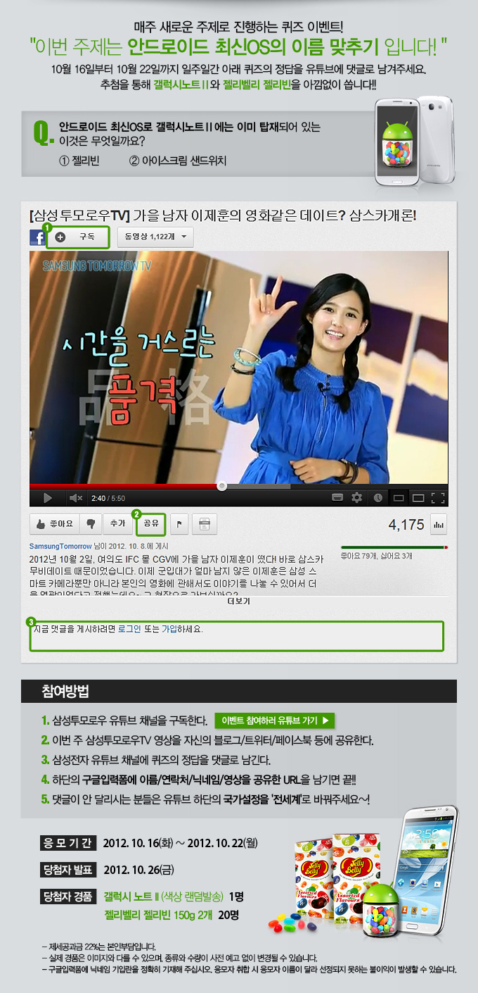 매주 새로운 주제로 진행하는 퀴즈 이벤트!! 이번 주제는 안드로이드 최신 OS의 이름 맞추기 입니다!! 10월 16일 부터 10월 22일 까지 일주일 간 아래 퀴즈의 정답을 유튜브에 댓글로 남겨주세요. 추첨을 통해 갤러시 노트2와 젤리벨리 젤리빈을 아낌없이 쏩니다!! 안드로이드 최신 OS로 갤럭시 노트2에는 이미 탑재 되어있는 이것은 무엇일까요? 1 젤리빈 2 아이스크림 샌드위치 참여방법 1 삼성투모로우 유투브 채널을 구독한다. 2 이번주 삼성 투모로우 TV 영상을 자신의 블로그/트위터/페이스북 등에 공유한다. 3 삼성전자 유튜브 채널에 퀴즈의 정답을 댓글로 남긴다. 4 하단의 구글 입력폼에 이름/연락처/닉네임/ 영상을 공유한 URL을 남기면 끝!! 5. 댓글이 안달리시는 분들은 유투브 하단의 국가설정을 전세계로 바꿔주세요~!