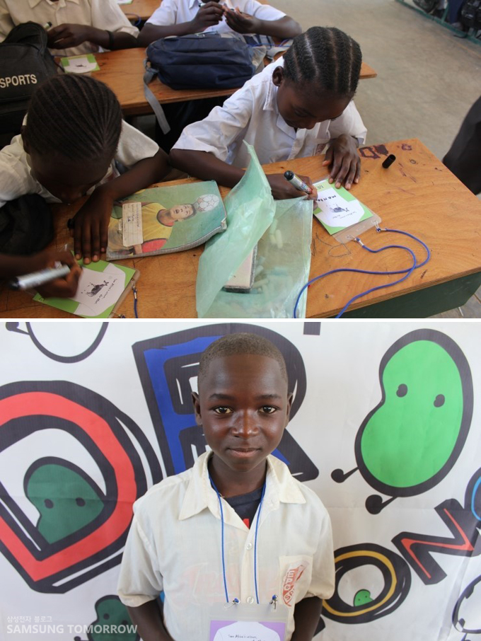 네임택에 이름을 쓰는 아이들