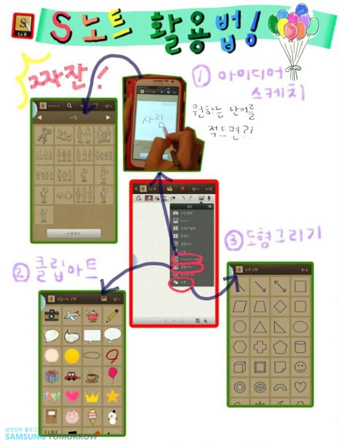 s 노트 활용법, 짜잔, 1 아이디어 스케치, 2 클립아트. 3,도형 그리기
