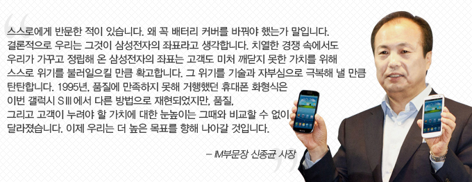 스스로에게 반문한 적이 있습니다. 왜 꼭 배터리 커버를 바꿔야 했는가 말입니다. 결론적으로 우리는 그것이 삼성전자의 좌표라고 생각합니다. 치열한 경쟁 속에서도 우리가 가꾸고 정립해 온 삼성전자의 좌표는 고객도 미처 깨닫지 못한 가치를 위해 스스로 위기를 불러일으킬 만큼 확고합니다. 그 위기를 기술과 자부심으로 극복해 낼 만큼 탄탄합니다. 1995년 품질에 만족하지 못해 거행했던 휴대폰 화형식은 이번 갤럭시 s3 에서 다른 방법으로 재현되었지만, 품질, 그리고 고객이 누려야 할 가치에 대한 눈높이는 그때와 비교할 수 없이 달라졌습니다. 이제 우리는 더 높은 목표를 향해 나아갈 것입니다.