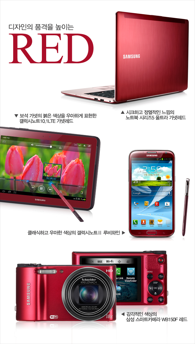 디자인의 품격을 높이는 RED, 보석 가넷의 붉은 색상을 우아하게 표현한 갤럭시 노트 10.1 LTE 가넷레드, 시크하고 정열적인 느낌의 노트북 시리즈5 울트라 가넷레드, 클랙식하고 우아한 색상의 갤럭시노트2 루비와인, 감각적인 색상의 삼성 스마트 카메라 WB 150F 레드