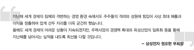 지난해 세계 경제의 침체화 격변하는 경영 환경 속에서도 주주들의 격려와 성원에 힘입어 사상 최대 매출과 이익을 창출하며 업계 선두 자리를 더욱 굳건히 했습니다. 올해도 세계 경제의 어려운 상황이 지속되겠지만, 주력사업의 경쟁력 확대와 육성산업의 일류화 등을 통해 지난해를 넘어서는 실적을 내도록 최선을 다할 것입니다. 삼성전자 권오현 부회장