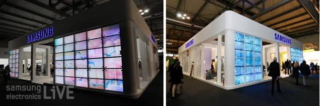 48개의 46인치 모니터로 만든 비디오 벽으로 장식된 삼성전자 부스모습