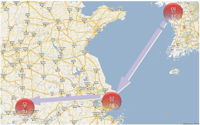 중국출장여정 지도