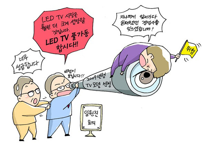 임원진 회의. LED TV 시장은 훨씬 더 크게 성장할 것입니다.LED TV 풀가동 합시다 너무 성급합니다. 지나치게 앞서가다 실패했던 경쟁사를 잊으셨습니까?