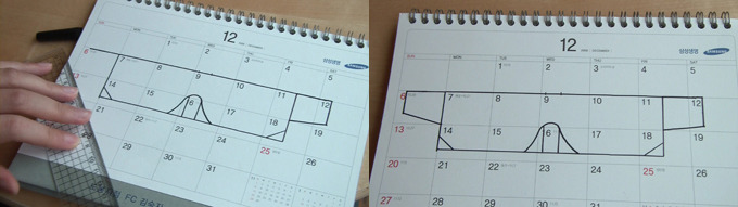 달력에 도면을 그리는 모습