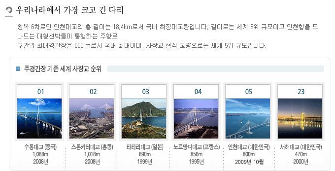 우리나라에서 가장 크고 긴 다리인 인천대교는 길이로는 세계 6위 규모이고 인천항을 나드는 대형선박들이 통행하는 주항로 구간의 최대경간장은 800m로서 국내 최대이며, 사장교 형식 교량으로는 세계 5위 규모입니다.