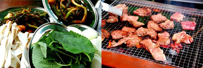 쌈야채들과 숯불에 익어가는 고기들