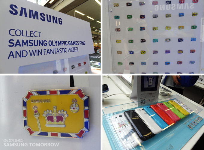 삼성의 올림픽 기념 Pin(왼쪽 상단 부터 시계방향) , Pin collection, 2012 런던올림픽 기념 Galaxy SⅢ 케이스, 영국의 상징이 가득 담긴 Pin    