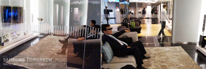 집 거실처럼 홈시어터와 TV를 설치해놓은 모습