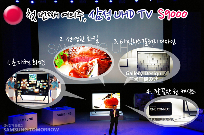 첫번째 여의주 삼성 UHD TV S9000 1 초대형 화면 2 선명한 화질 3 타임리스 갤러리 디자인 4 깔끔한 원커넥트