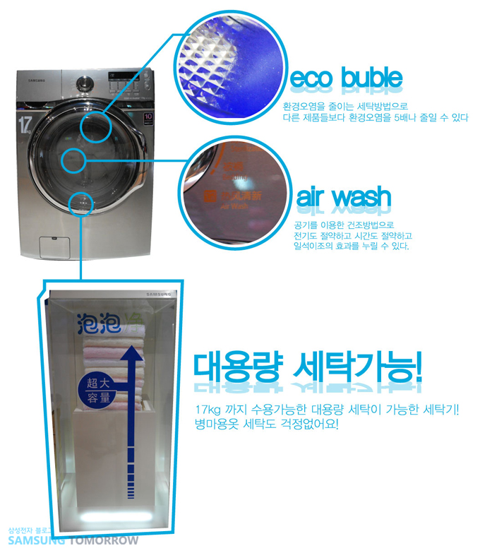 eo bubble 환경 오염을 줄이는 세탁 방법으로 다른 제품들보다 환경오염을 5배나 줄일수 있다. air wash 공기를 이용한 건조 방법으로 전기도 절약하고 시간도 절약하고 일석이조의 효과를 누릴 수 있다. 대용량 세탁가능! 17KG 까지 수용가능한 대용량 세탁기 가능한 세탁기! 병마용 옷 세탁도 걱저없어요!