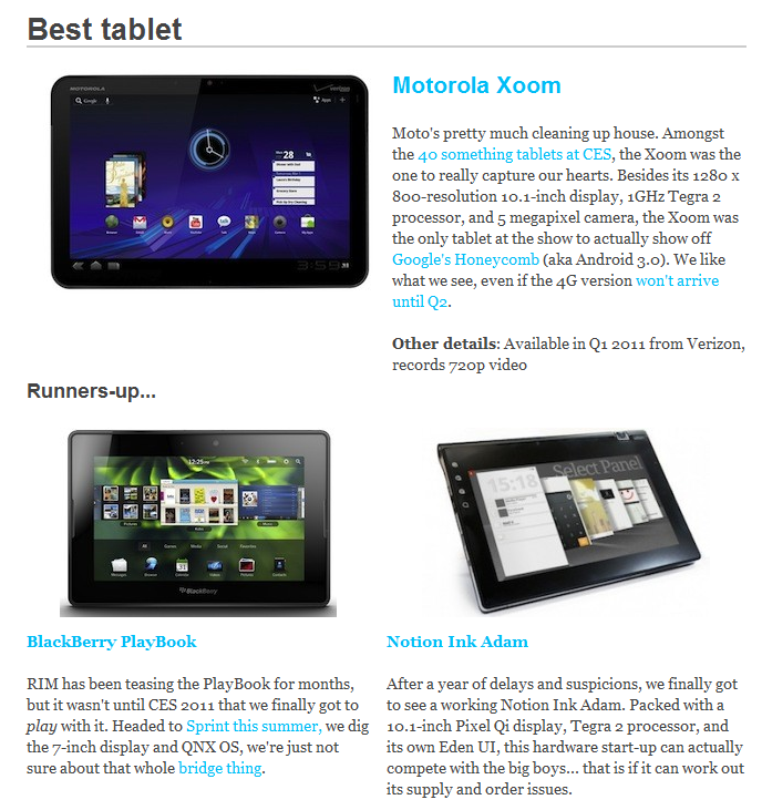 Best tablet Motorola Xoom Runners up blackberry playbook Notion Ink Adam