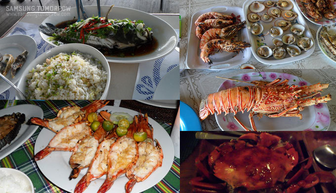 보라카이 음식들, 랍스터와 게, 새우 등 갖은 해산물음식들의 사진