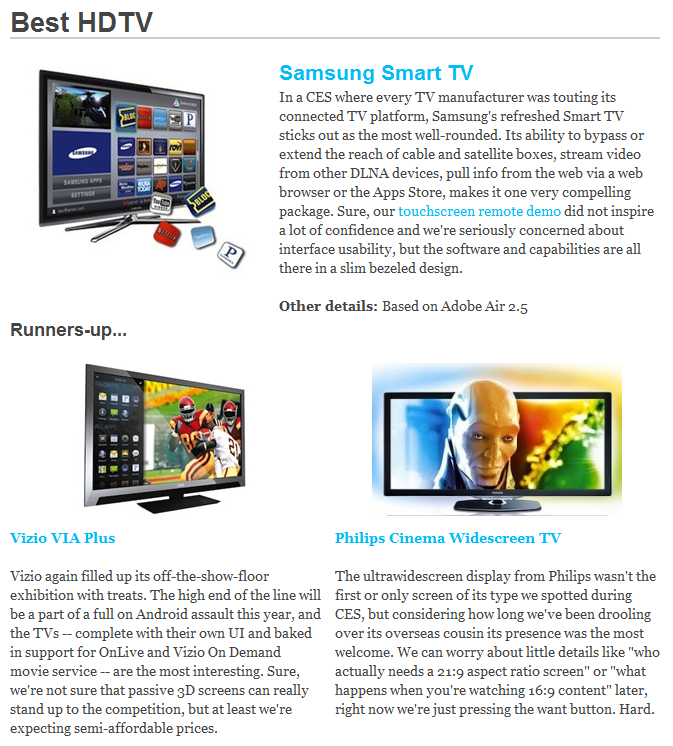 Best HDTV Samsung Smart TV Runners up Vizio Viz Plus Philips Cinema Widescreen TV