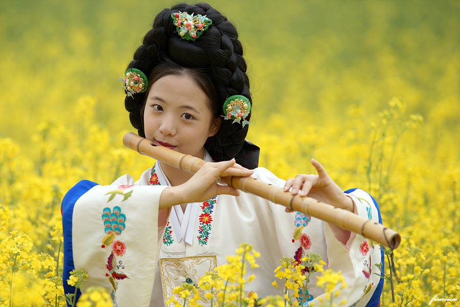 유채 꽃받에서 대금을 부는 소녀