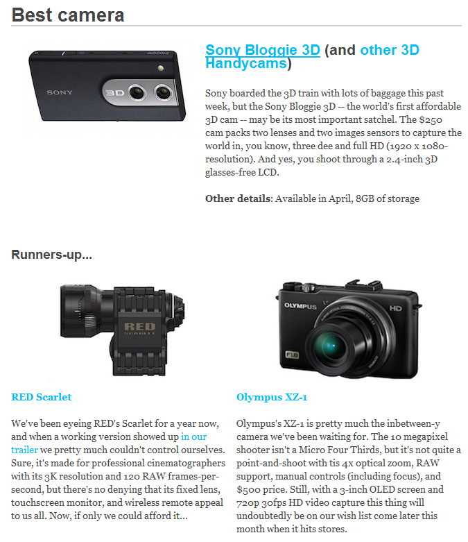Best camera Sony Bloggie 3D, Runners up RED Scarlet, Olympus XZ-1