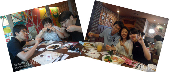 식사를 하며 즐거운 시간을 보내는 부서원들