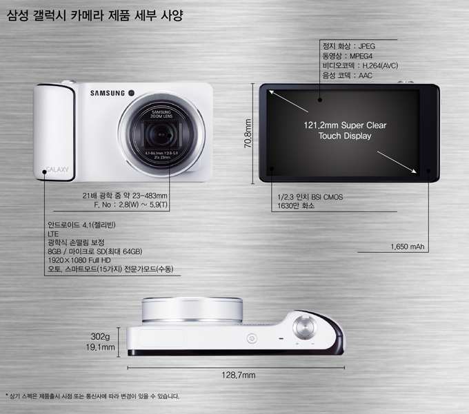 삼성 갤럭시 카메라 제품 세부 사양 21배 광학줌 안드로이드 4.1 젤리빈 LTE 광학식 손떨림 보정, 8GB 마이크로 SD 오토, 스마트 모드, 전문가 모드, 정지화상 jpeg 동영상 Mpeg4 1630망화소, 