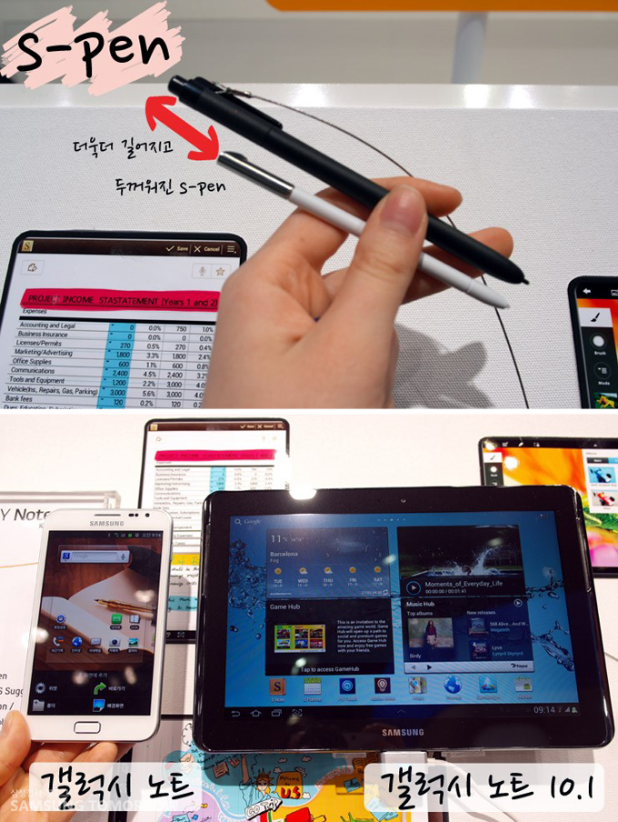 S-pen 더욱더 길어지고 두꺼워진 S pen, 갤럭시노트와 갤럭시노트 10.1 비교