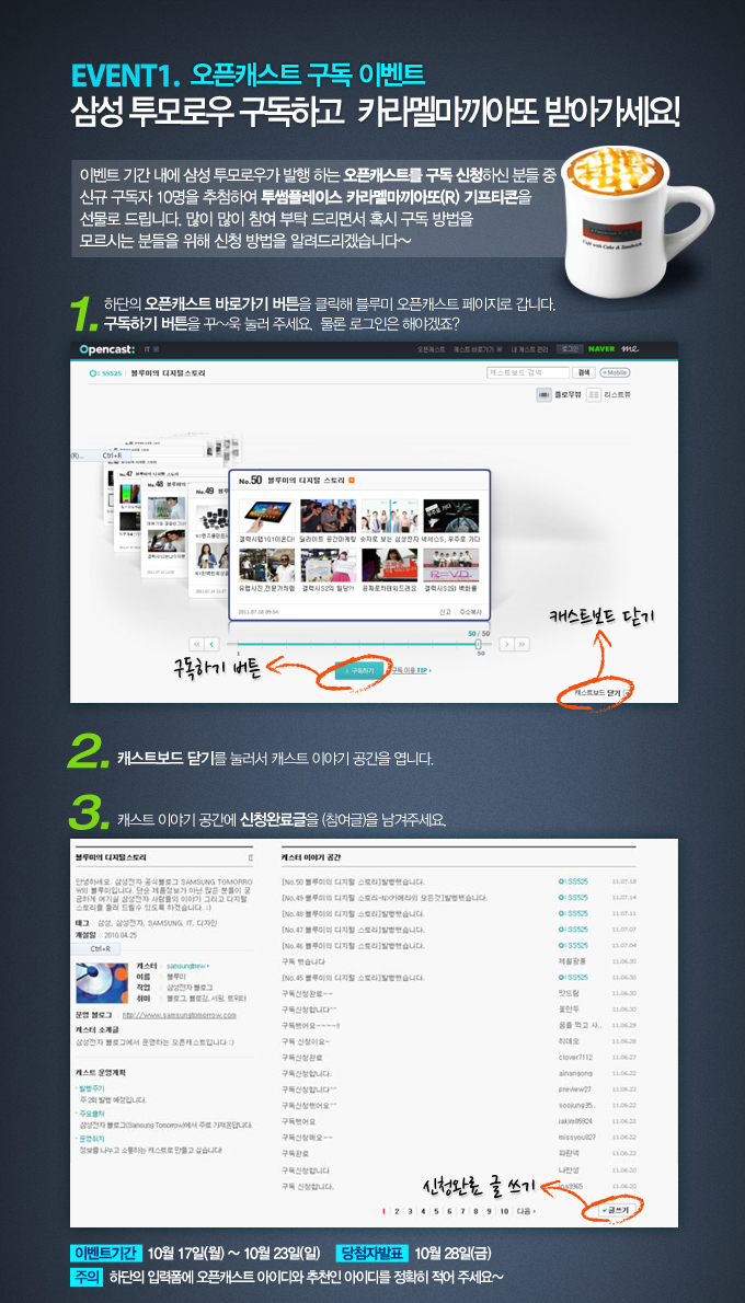 이벤트1. 오픈캐스트 구독 이벤트 삼성 투모로우 구독하고 카라멜마끼아또 받아가세요! 이벤트 기간내에 삼성 투모로우가 발행하는 오픈캐스트를 구독신청하신 분들 중 신규 구독자 10명을 추첨하여 투썸플레이스 카라멜마끼아또 기프티콘을 선물로 드립니다. 많이많이 참여부탁드리면서 혹시 구독 방법을 모르시는 분들을 위해 신청 방법을 알려드리겠습니다~ 1. 하단의 오픈캐스ㅡ 바로가기 버튼을 클릭해 블루미 오픈캐스트 페이지로 갑니다. 구독하기 버튼을 꾸~욱 눌러주세요. 물론 로그인은 해야겠죠? 2. 캐스트보드 단기를 눌러스 캐스트 이야기 공간을 엽니다. 3. 캐스트 이야기 공간에 신청완료글을 남겨주세요. 이벤트 기간 10월 17일 월,~ 10월 12일 일, 당첨자 발표 10월 28일 금, 주의 하단의 입력폼에 오픈캐스트 아이디와 추천인 아이디를 정확히 적어주세요~