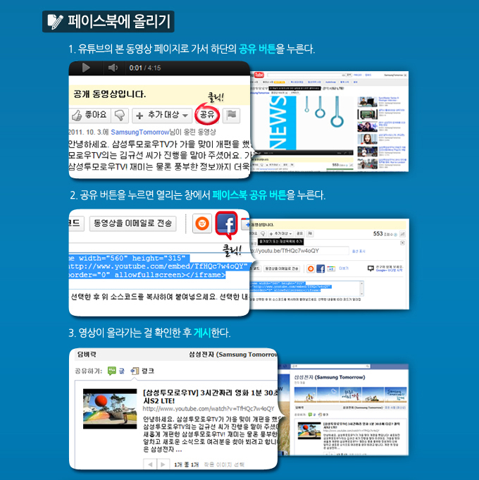 페이스북에 올리기, 1. 유투브의 본 동영상 페이지로 가서 하단의 공유 버튼을 누른다. 2. 공유버튼을 누르면 열리는 창에서 페이스북 공유 버튼을 누른다. 3. 영상이 올라가는 걸 확인 한 후 게시한다.