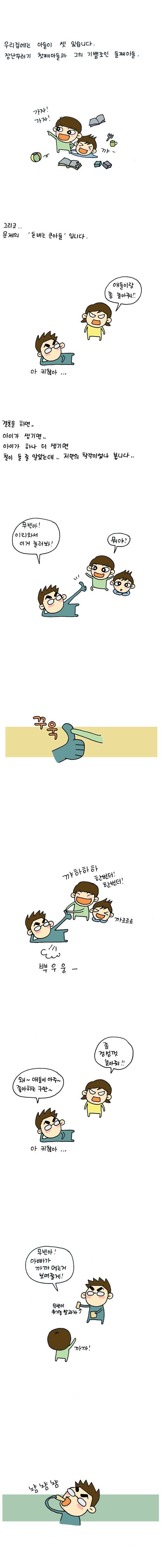 우리집에는 아들이 셋 있습니다. 장난꾸러기 첫째 아들과 기의 기쁨 조인 둘째 아들 가자가자!!! 그리고 문제의 돈버는 큰아들입니다!! 애들이랑 좀 놀아줘!!! 결혼을 하면 아이가 생기면 아이가 하나 더 생기면 철이 들 줄 알았는데 저만의 착각이었나 봅니다. 무빈아 이러와서 이거 눌러봐! 뭐야> 꾸욱 뿌우웅- 꺄하하하 한번더! 한번더 꺄르르르 한번더 한번더!! 좀 정성껏 놀아줘!! 왜 애들이 아주 좋아하는 구만 아 귀찮아 무빈아!! 아빠가 까가 먹는거 보여줄게!1 무빈이 유기농 빨과자 까까!!