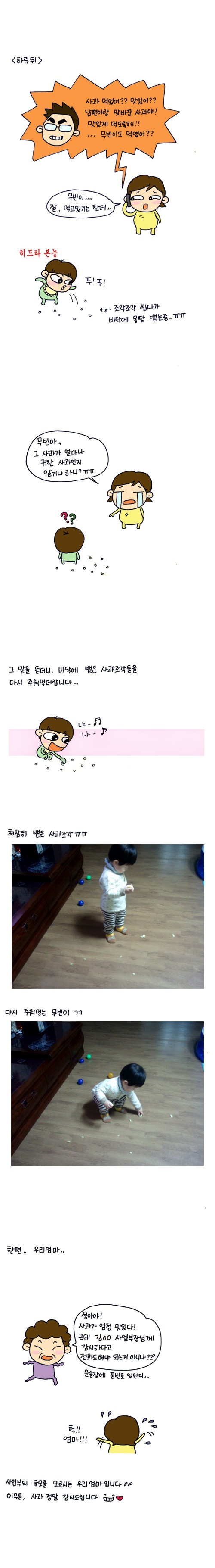 하루뒤 사과먹었어?? 맛있어?? 남편이랑 맞바꾼 사과야! 맛있게 먹도록해!! 무빈이도 먹였어?? 무빈이 잘 먹고 있기는 한데.. 히드라본능 푸푸! 조각조각 씹다가 바닥에 몽땅 뱉는 중..ㅠㅠ 무빈아.. 그 사과가 얼마나 귀한 사과인지 알기나 하니?ㅜㅜ 그말을 듣더니 바닥에 뱉은 사과 조각들을 다시 주워먹더 랍니다. 처참히 뱉은 사과조각 ㅠㅠ 다시 주워먹는 무빈이 ㅋㅋ 한편 우리 엄마 성아야 사과가 엄청 맛있다! 근데 김ㅇㅇ사업부장님께 감사하다고 전화드려야 되는거 아니냐?? 운송장에 폰 번호 있던디.. 헉!! 어마!! 사업부의 규모를 모르시는 우리엄마 입니다!! 아무튼, 사과 정말 감사드립니다.