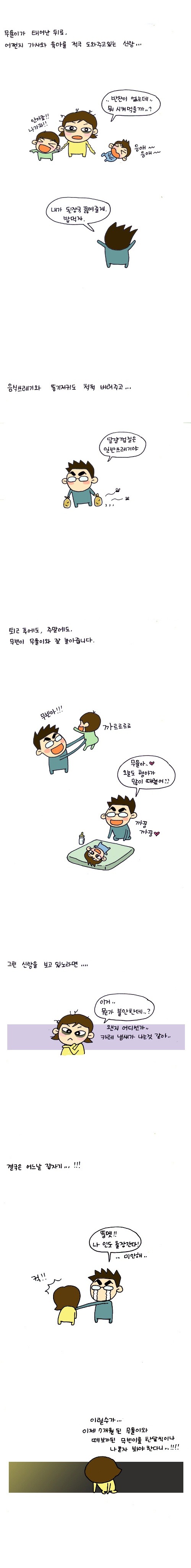 무율이가 태어난 뒤로, 어쩐지 가사와 육아를 적극 도와주고 있는 신랑... 반찬이 없는데 뭐 시켜먹을까..? 안아죠!! 나가자!! 응애~~응애~~ 내가 된장국 끓여줄게 밥먹자. 음식쓰레기와 똥기저귀도 척척 버려주고.. 달걀껍질은 일반쓰레기야 무빈아!! 까르르르르 무율아.. 오늘도 형아가 많이 때렸어?? 까꿍 까꿍 그런 신랑을 보고 있노라면.. 이거.. 뭔가 불안한데..? 왠지 어디선가 카레 냄새가 나는 것 같아.. 결국은 어느날 갑자기..!! 뚱멧!! 나 인도 출장간다! 미안해.. 이럴수가.. 이ㅔㅈ 7개월된 무율이와 떼보가 된 무빈이를 한달씩이나 나 혼자 봐야 한다니..!! 